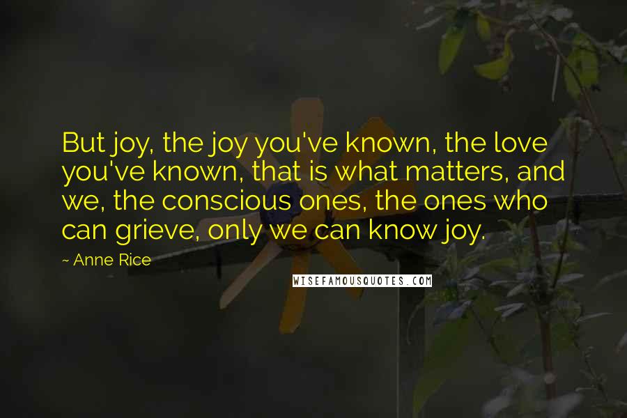 Anne Rice Quotes: But joy, the joy you've known, the love you've known, that is what matters, and we, the conscious ones, the ones who can grieve, only we can know joy.