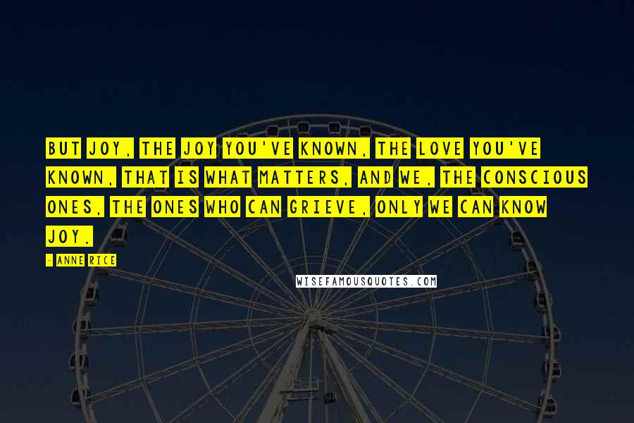 Anne Rice Quotes: But joy, the joy you've known, the love you've known, that is what matters, and we, the conscious ones, the ones who can grieve, only we can know joy.