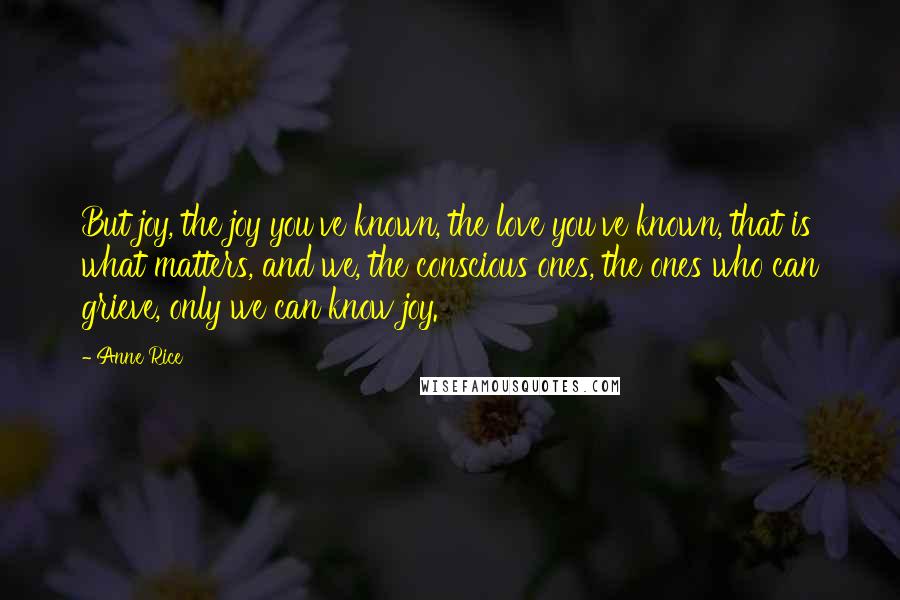 Anne Rice Quotes: But joy, the joy you've known, the love you've known, that is what matters, and we, the conscious ones, the ones who can grieve, only we can know joy.