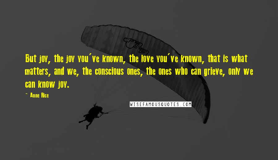 Anne Rice Quotes: But joy, the joy you've known, the love you've known, that is what matters, and we, the conscious ones, the ones who can grieve, only we can know joy.