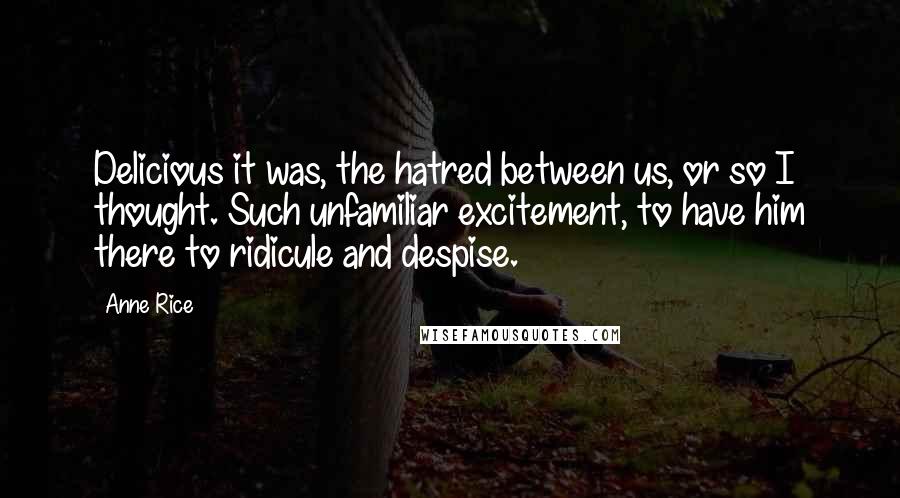 Anne Rice Quotes: Delicious it was, the hatred between us, or so I thought. Such unfamiliar excitement, to have him there to ridicule and despise.