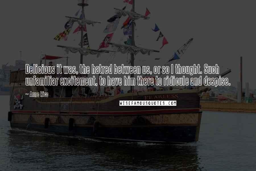 Anne Rice Quotes: Delicious it was, the hatred between us, or so I thought. Such unfamiliar excitement, to have him there to ridicule and despise.