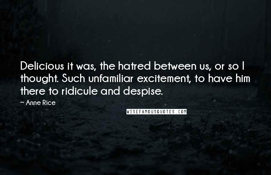 Anne Rice Quotes: Delicious it was, the hatred between us, or so I thought. Such unfamiliar excitement, to have him there to ridicule and despise.