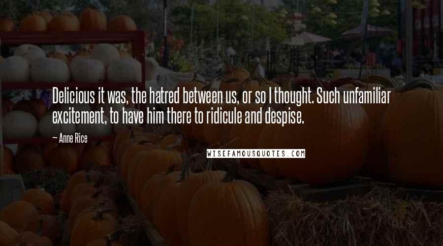 Anne Rice Quotes: Delicious it was, the hatred between us, or so I thought. Such unfamiliar excitement, to have him there to ridicule and despise.