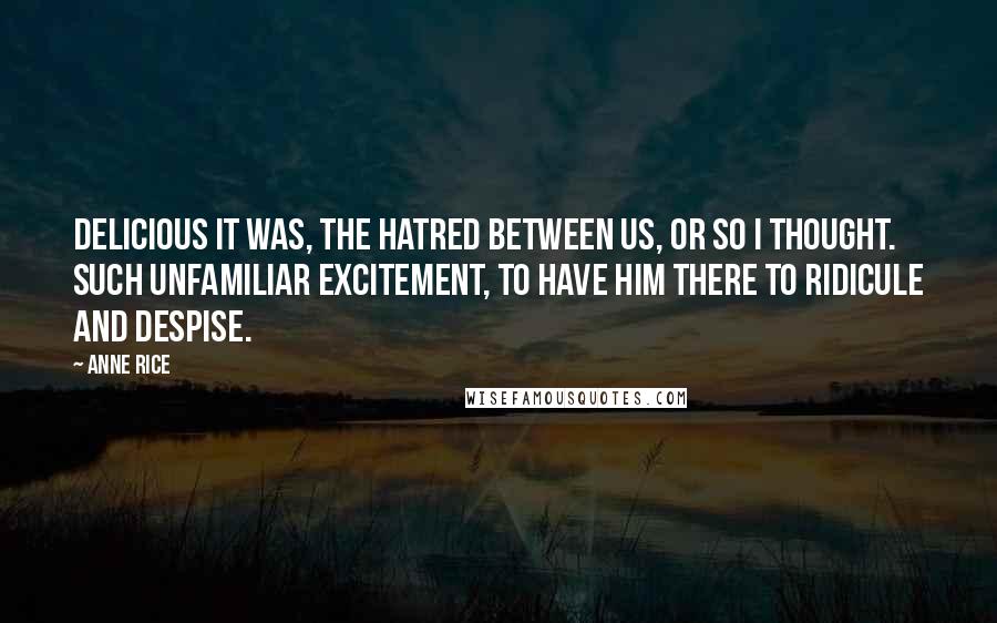 Anne Rice Quotes: Delicious it was, the hatred between us, or so I thought. Such unfamiliar excitement, to have him there to ridicule and despise.