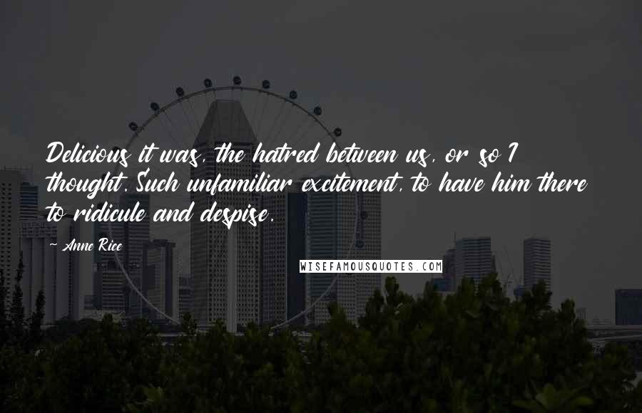 Anne Rice Quotes: Delicious it was, the hatred between us, or so I thought. Such unfamiliar excitement, to have him there to ridicule and despise.