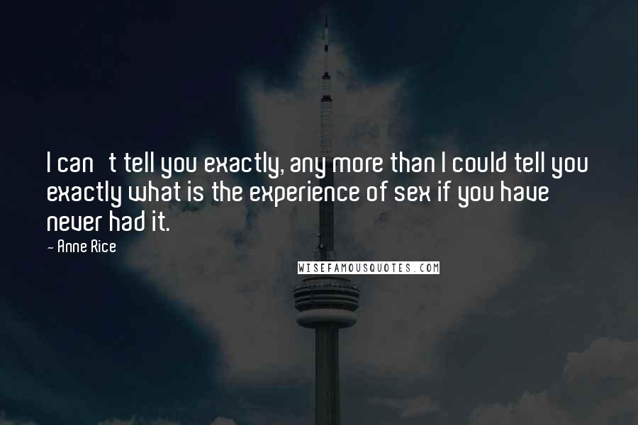 Anne Rice Quotes: I can't tell you exactly, any more than I could tell you exactly what is the experience of sex if you have never had it.