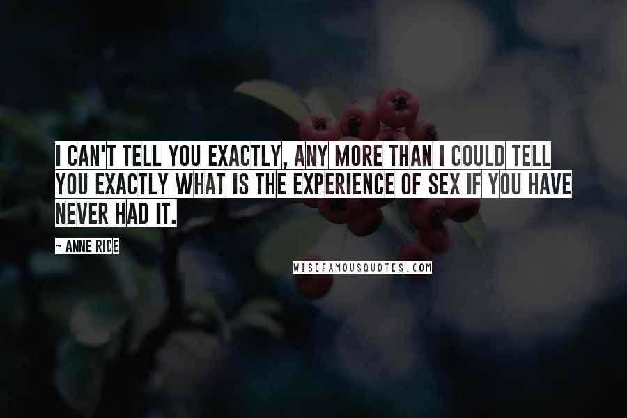 Anne Rice Quotes: I can't tell you exactly, any more than I could tell you exactly what is the experience of sex if you have never had it.