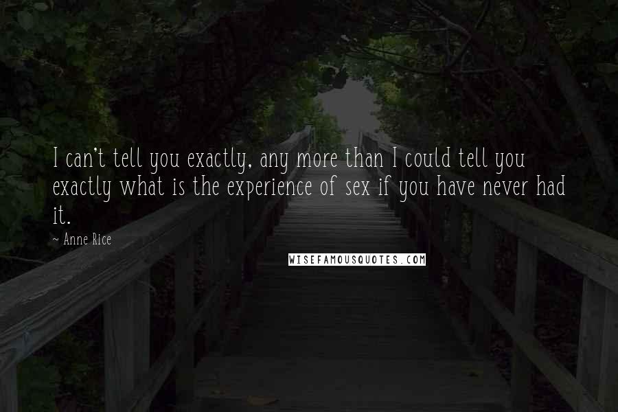 Anne Rice Quotes: I can't tell you exactly, any more than I could tell you exactly what is the experience of sex if you have never had it.