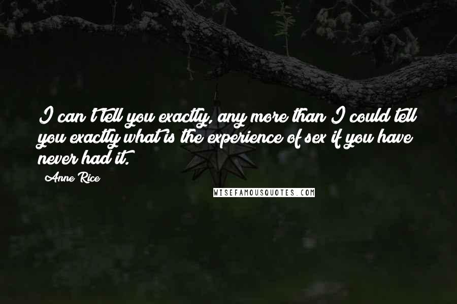 Anne Rice Quotes: I can't tell you exactly, any more than I could tell you exactly what is the experience of sex if you have never had it.