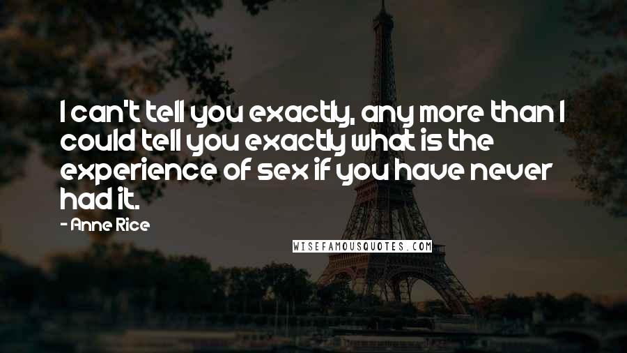 Anne Rice Quotes: I can't tell you exactly, any more than I could tell you exactly what is the experience of sex if you have never had it.