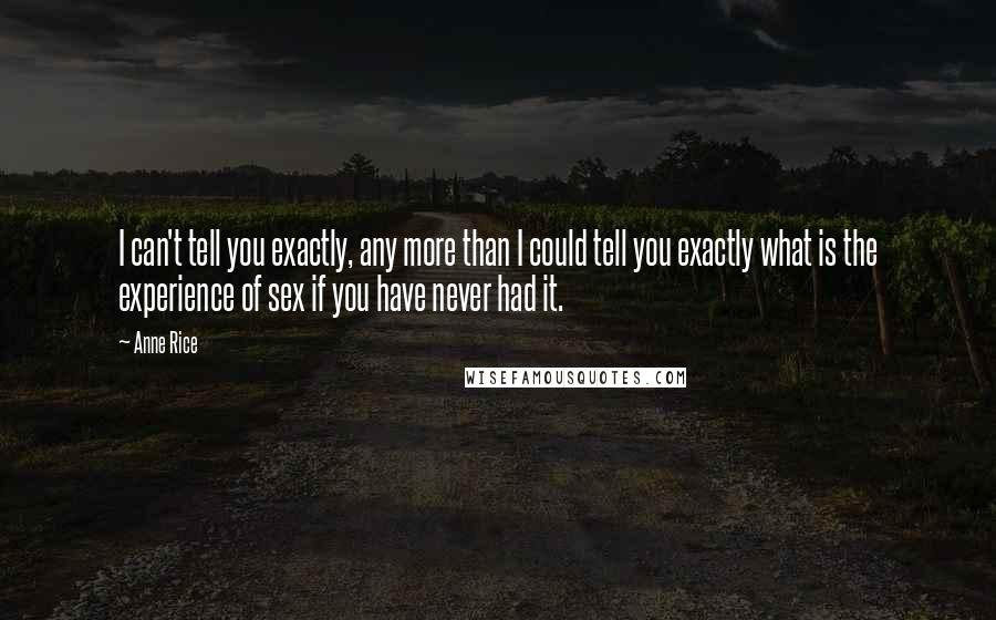 Anne Rice Quotes: I can't tell you exactly, any more than I could tell you exactly what is the experience of sex if you have never had it.