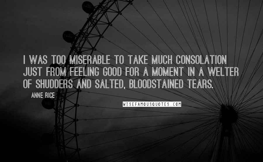 Anne Rice Quotes: I was too miserable to take much consolation just from feeling good for a moment in a welter of shudders and salted, bloodstained tears.