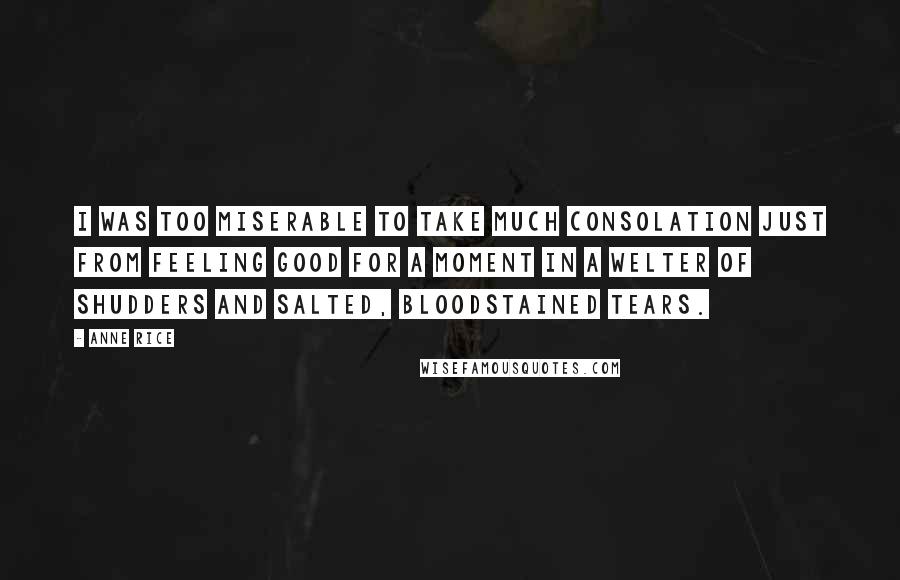 Anne Rice Quotes: I was too miserable to take much consolation just from feeling good for a moment in a welter of shudders and salted, bloodstained tears.