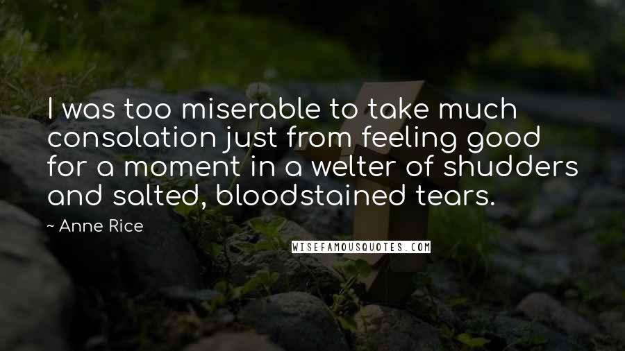 Anne Rice Quotes: I was too miserable to take much consolation just from feeling good for a moment in a welter of shudders and salted, bloodstained tears.