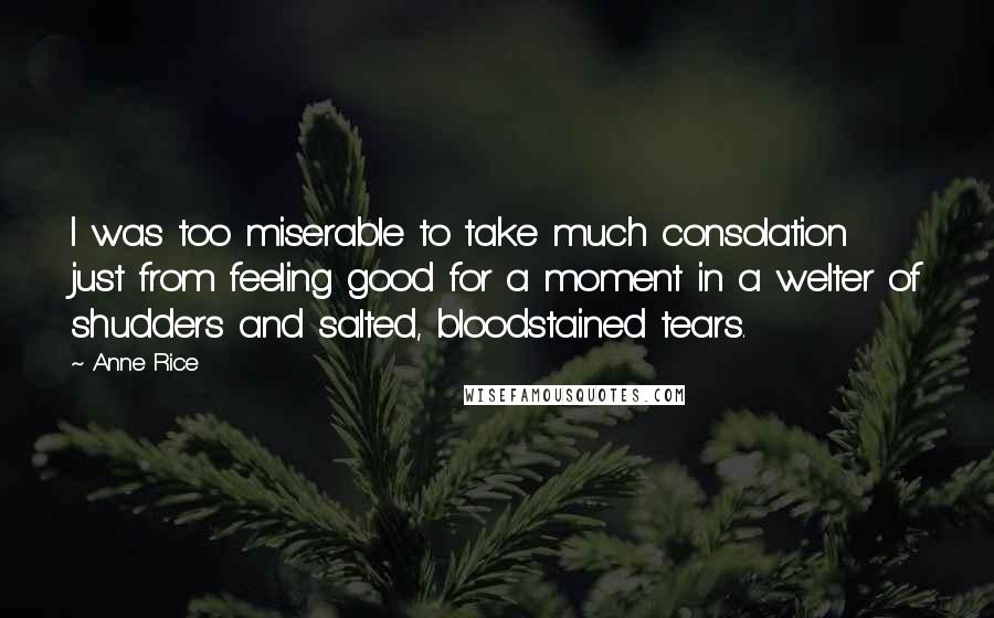 Anne Rice Quotes: I was too miserable to take much consolation just from feeling good for a moment in a welter of shudders and salted, bloodstained tears.