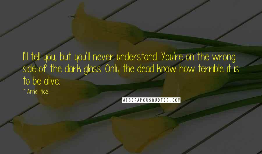 Anne Rice Quotes: I'll tell you, but you'll never understand. You're on the wrong side of the dark glass. Only the dead know how terrible it is to be alive.