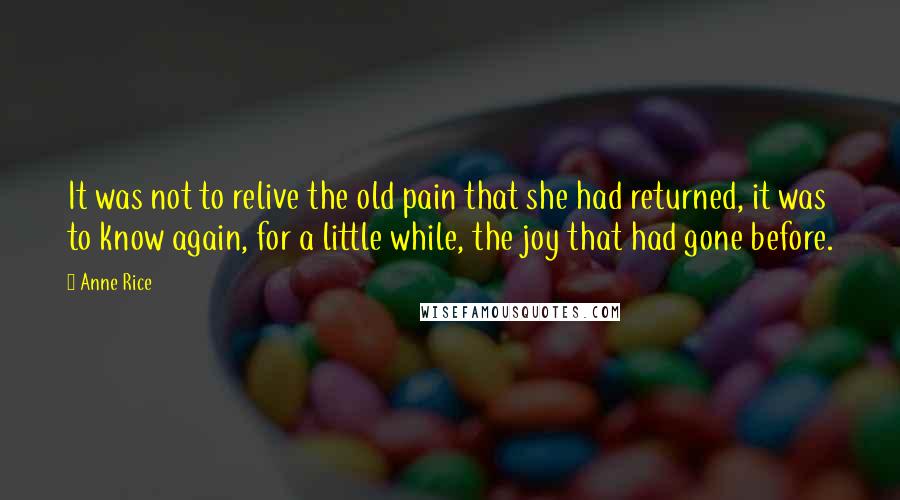 Anne Rice Quotes: It was not to relive the old pain that she had returned, it was to know again, for a little while, the joy that had gone before.