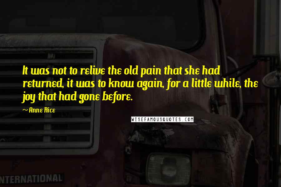 Anne Rice Quotes: It was not to relive the old pain that she had returned, it was to know again, for a little while, the joy that had gone before.