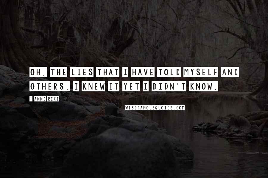 Anne Rice Quotes: Oh, the lies that I have told myself and others. I knew it yet I didn't know.