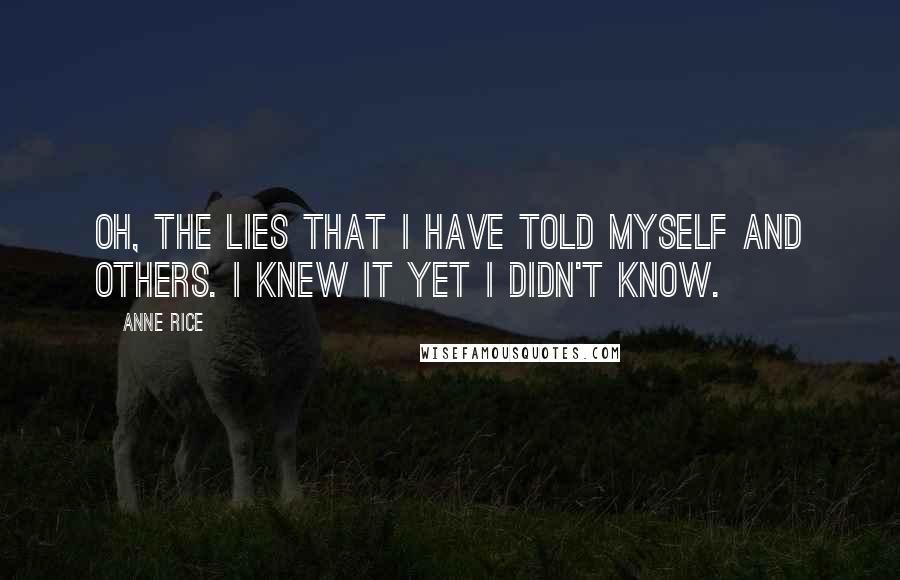 Anne Rice Quotes: Oh, the lies that I have told myself and others. I knew it yet I didn't know.