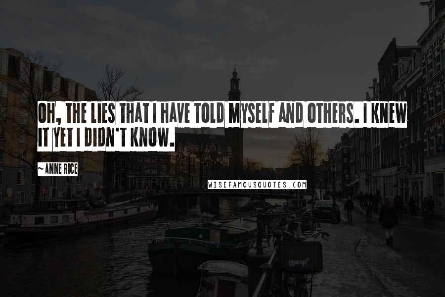 Anne Rice Quotes: Oh, the lies that I have told myself and others. I knew it yet I didn't know.
