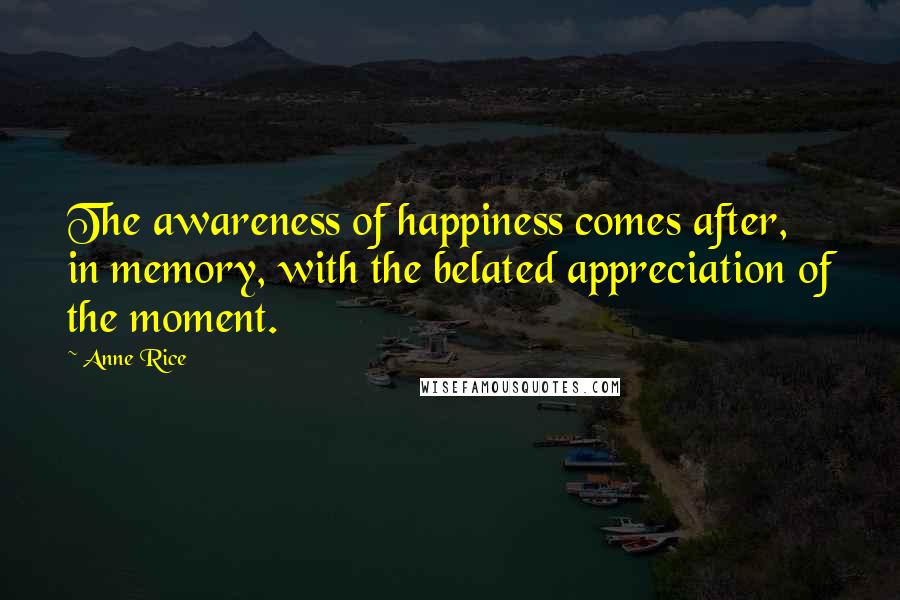 Anne Rice Quotes: The awareness of happiness comes after, in memory, with the belated appreciation of the moment.