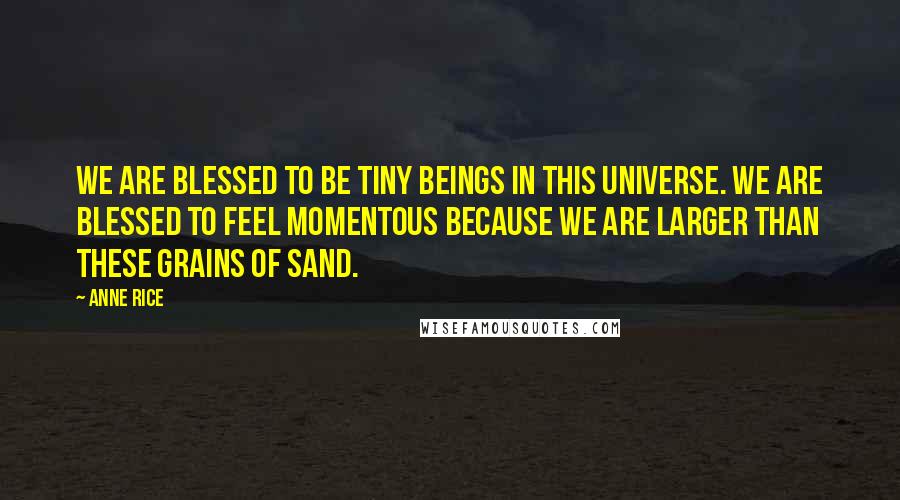 Anne Rice Quotes: We are blessed to be tiny beings in this universe. We are blessed to feel momentous because we are larger than these grains of sand.