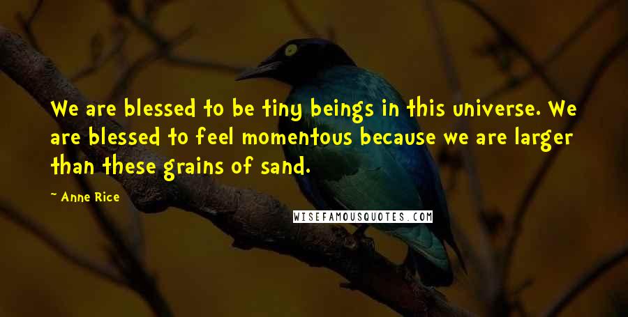 Anne Rice Quotes: We are blessed to be tiny beings in this universe. We are blessed to feel momentous because we are larger than these grains of sand.