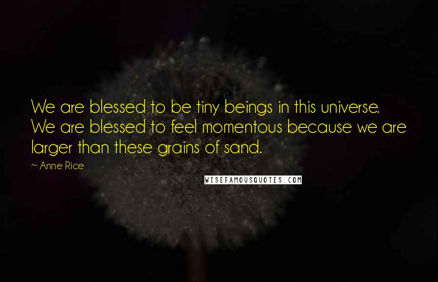 Anne Rice Quotes: We are blessed to be tiny beings in this universe. We are blessed to feel momentous because we are larger than these grains of sand.