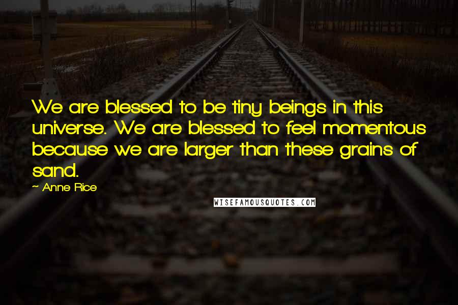 Anne Rice Quotes: We are blessed to be tiny beings in this universe. We are blessed to feel momentous because we are larger than these grains of sand.