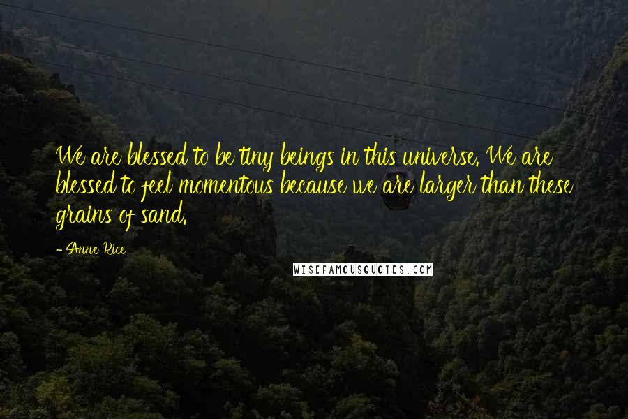 Anne Rice Quotes: We are blessed to be tiny beings in this universe. We are blessed to feel momentous because we are larger than these grains of sand.
