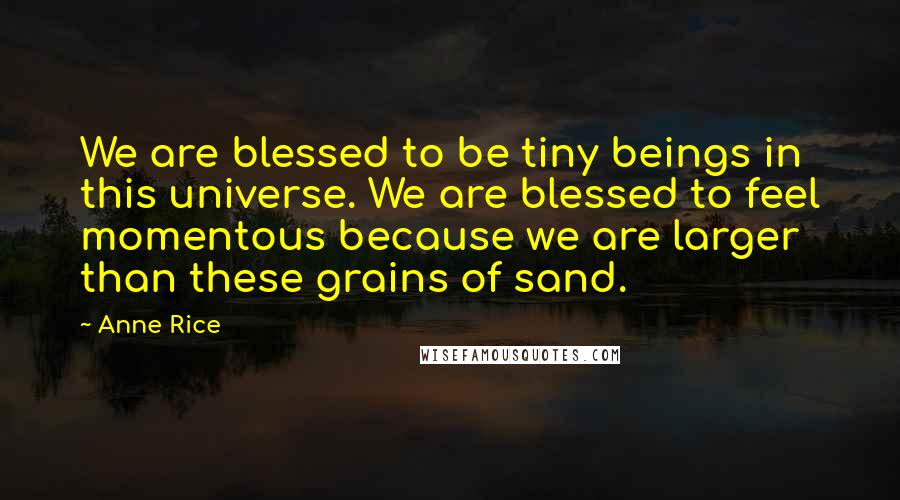 Anne Rice Quotes: We are blessed to be tiny beings in this universe. We are blessed to feel momentous because we are larger than these grains of sand.