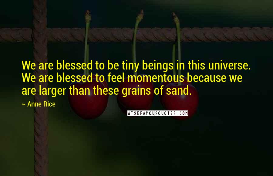 Anne Rice Quotes: We are blessed to be tiny beings in this universe. We are blessed to feel momentous because we are larger than these grains of sand.