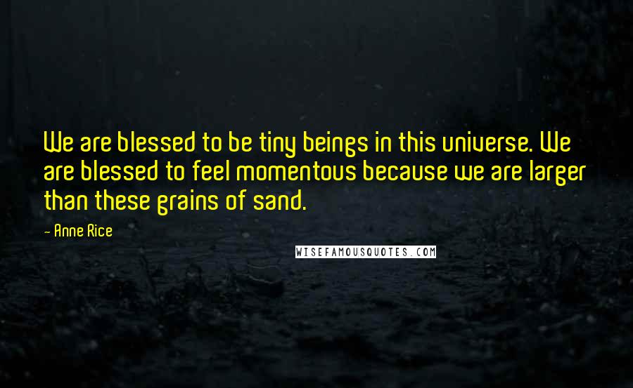 Anne Rice Quotes: We are blessed to be tiny beings in this universe. We are blessed to feel momentous because we are larger than these grains of sand.