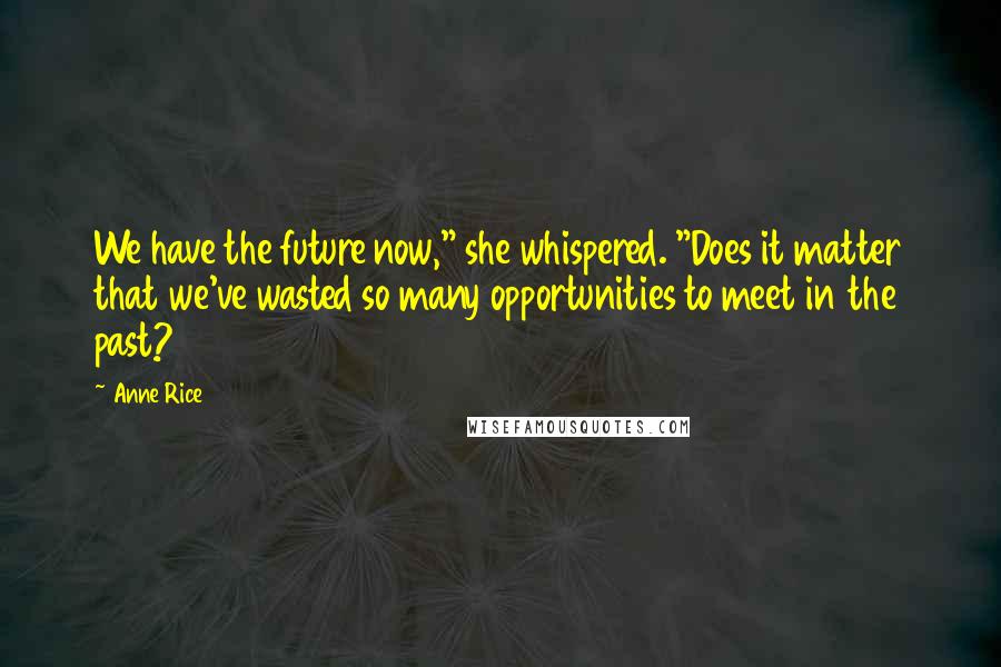 Anne Rice Quotes: We have the future now," she whispered. "Does it matter that we've wasted so many opportunities to meet in the past?