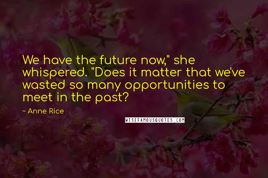 Anne Rice Quotes: We have the future now," she whispered. "Does it matter that we've wasted so many opportunities to meet in the past?