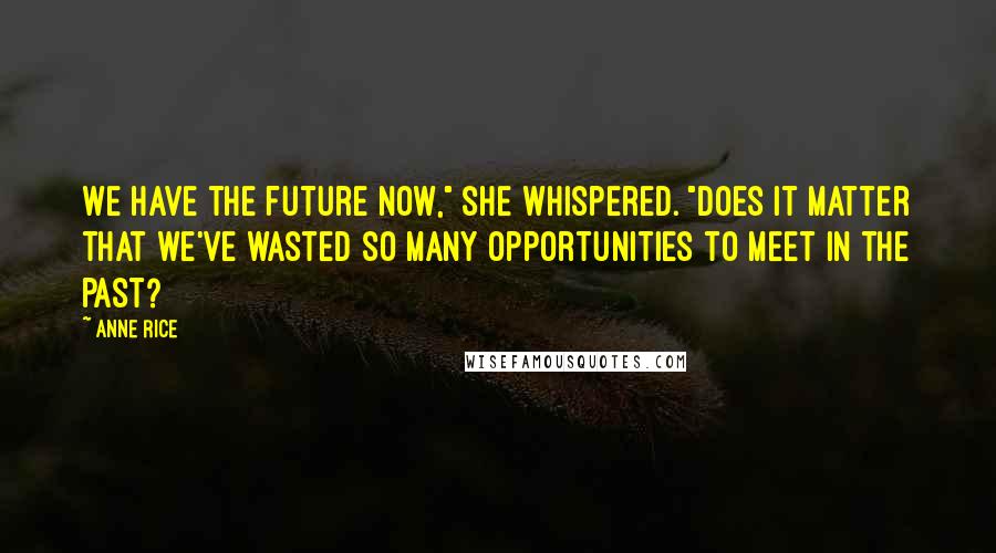 Anne Rice Quotes: We have the future now," she whispered. "Does it matter that we've wasted so many opportunities to meet in the past?