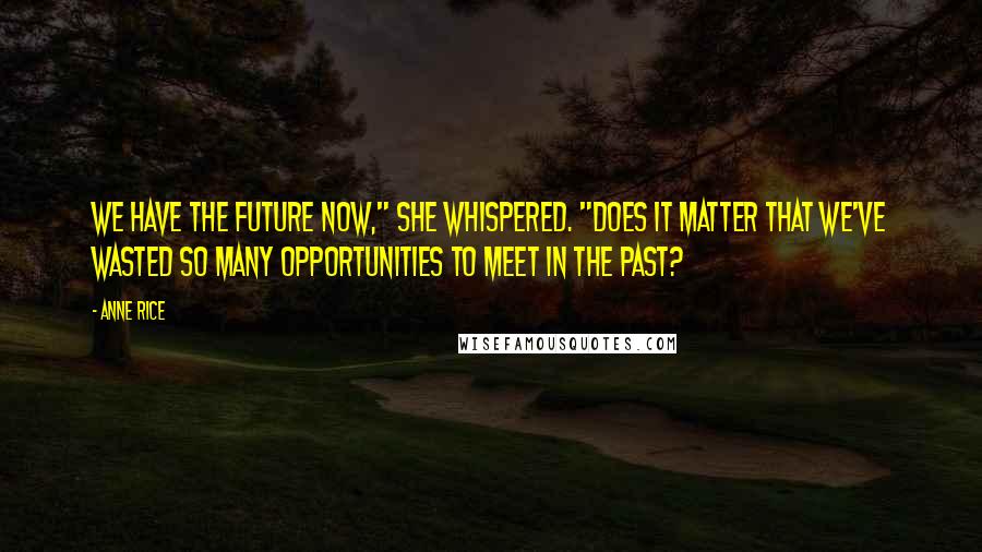 Anne Rice Quotes: We have the future now," she whispered. "Does it matter that we've wasted so many opportunities to meet in the past?