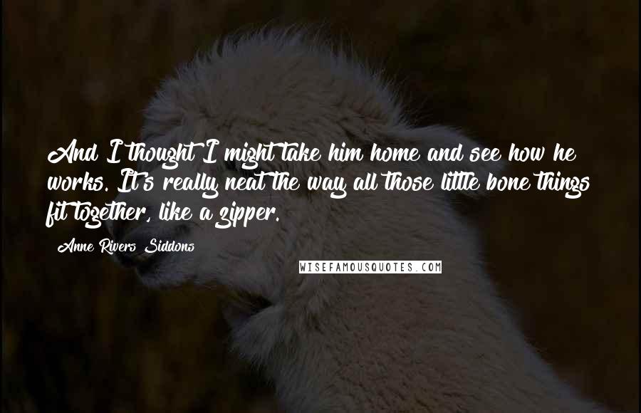Anne Rivers Siddons Quotes: And I thought I might take him home and see how he works. It's really neat the way all those little bone things fit together, like a zipper.