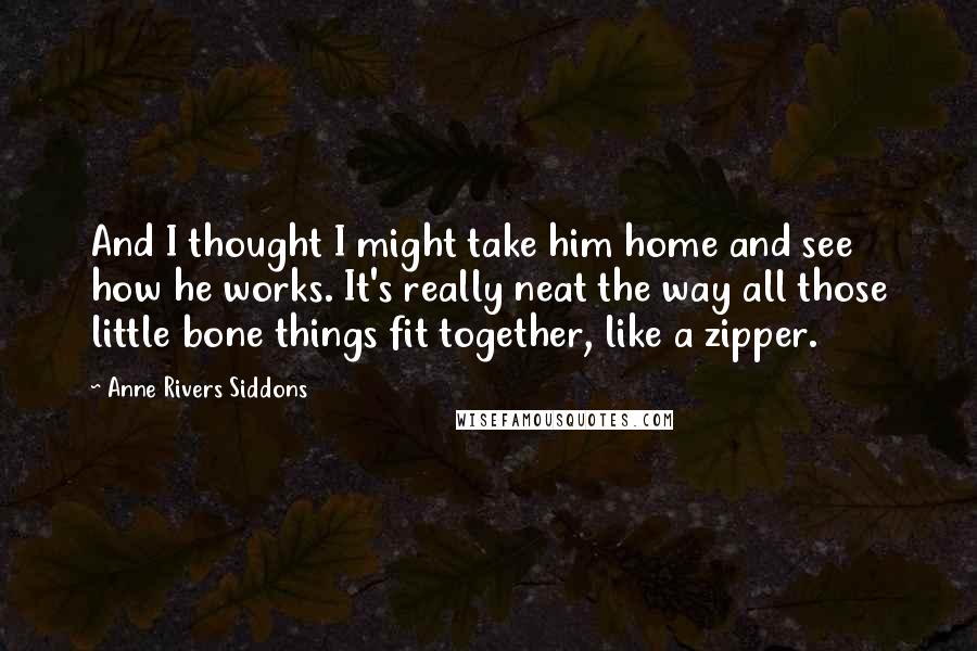 Anne Rivers Siddons Quotes: And I thought I might take him home and see how he works. It's really neat the way all those little bone things fit together, like a zipper.