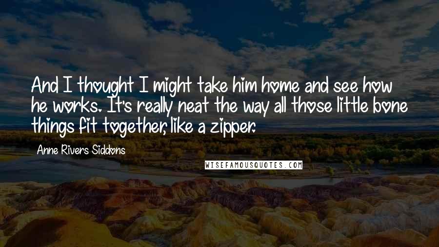 Anne Rivers Siddons Quotes: And I thought I might take him home and see how he works. It's really neat the way all those little bone things fit together, like a zipper.
