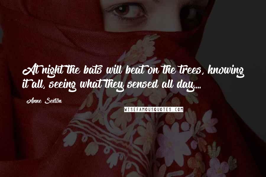 Anne Sexton Quotes: At night the bats will beat on the trees, knowing it all, seeing what they sensed all day....
