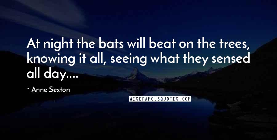 Anne Sexton Quotes: At night the bats will beat on the trees, knowing it all, seeing what they sensed all day....