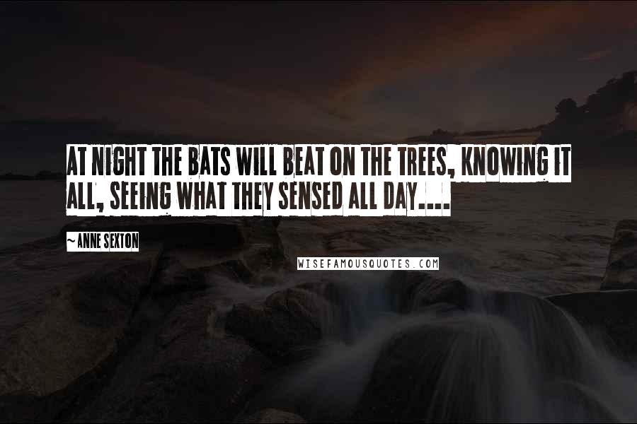 Anne Sexton Quotes: At night the bats will beat on the trees, knowing it all, seeing what they sensed all day....