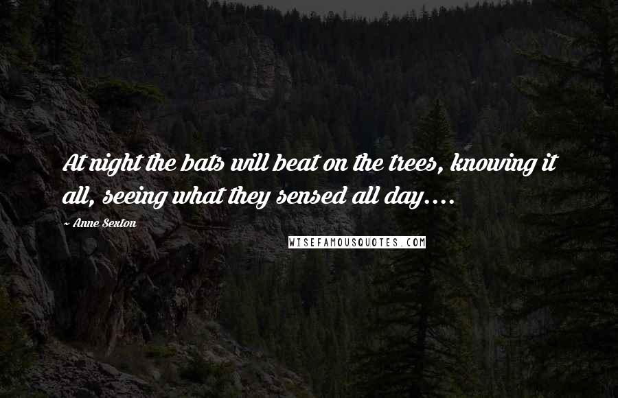 Anne Sexton Quotes: At night the bats will beat on the trees, knowing it all, seeing what they sensed all day....