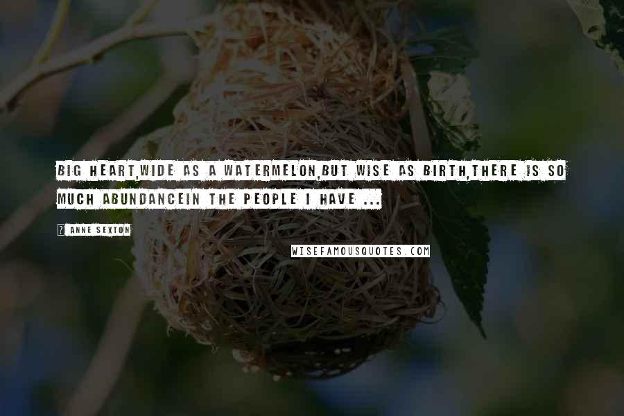 Anne Sexton Quotes: Big heart,wide as a watermelon,but wise as birth,there is so much abundancein the people I have ...