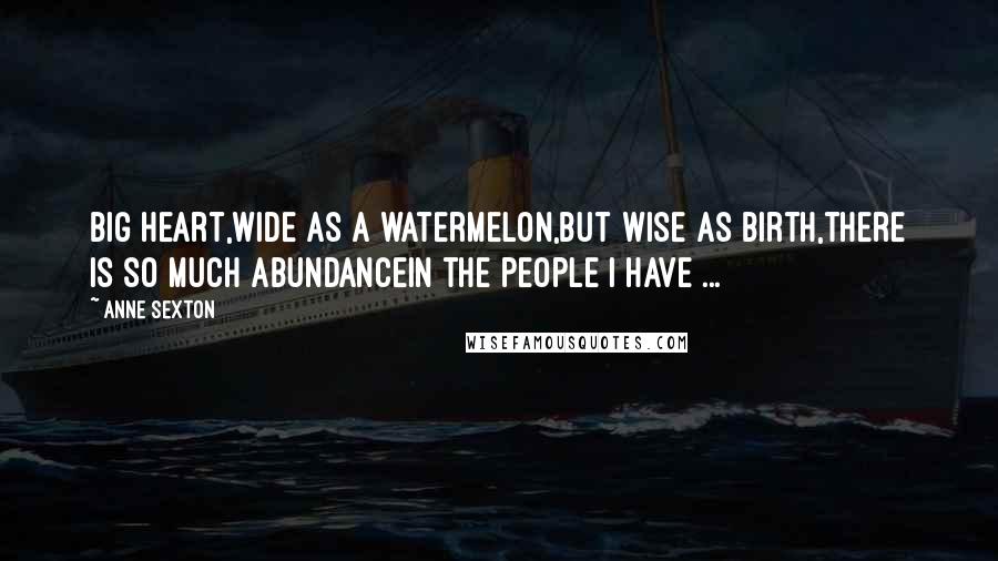 Anne Sexton Quotes: Big heart,wide as a watermelon,but wise as birth,there is so much abundancein the people I have ...