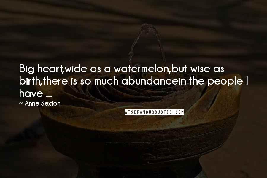 Anne Sexton Quotes: Big heart,wide as a watermelon,but wise as birth,there is so much abundancein the people I have ...