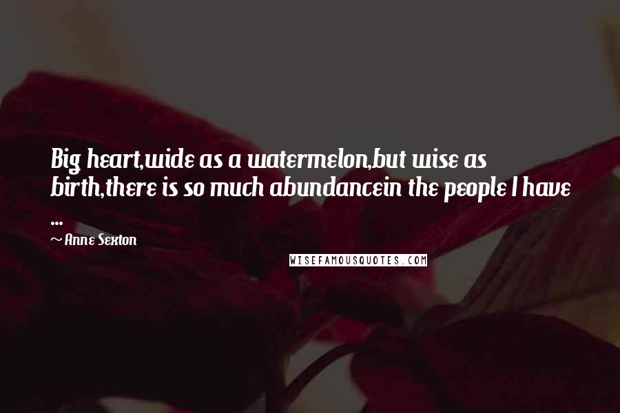 Anne Sexton Quotes: Big heart,wide as a watermelon,but wise as birth,there is so much abundancein the people I have ...